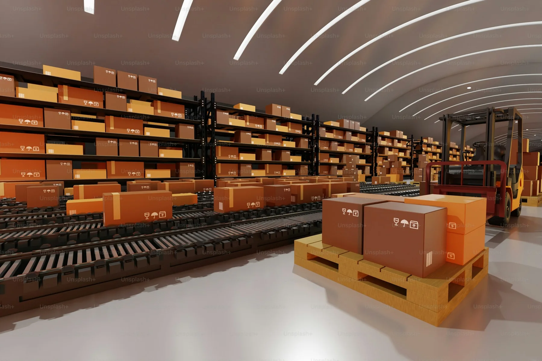 Modern warehouse interior with organized inventory zones and bright operational lighting