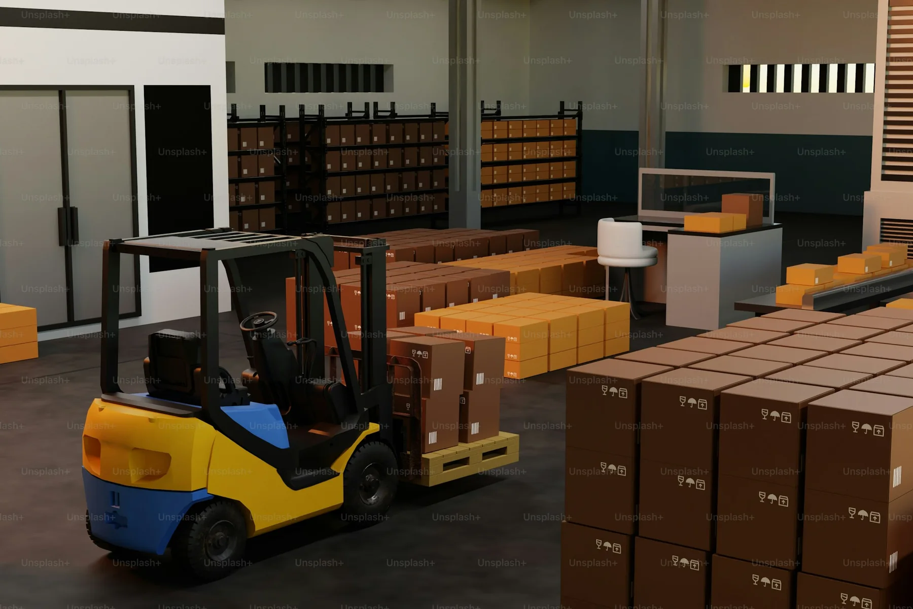 Forklift moving palletized inventory through warehouse aisles